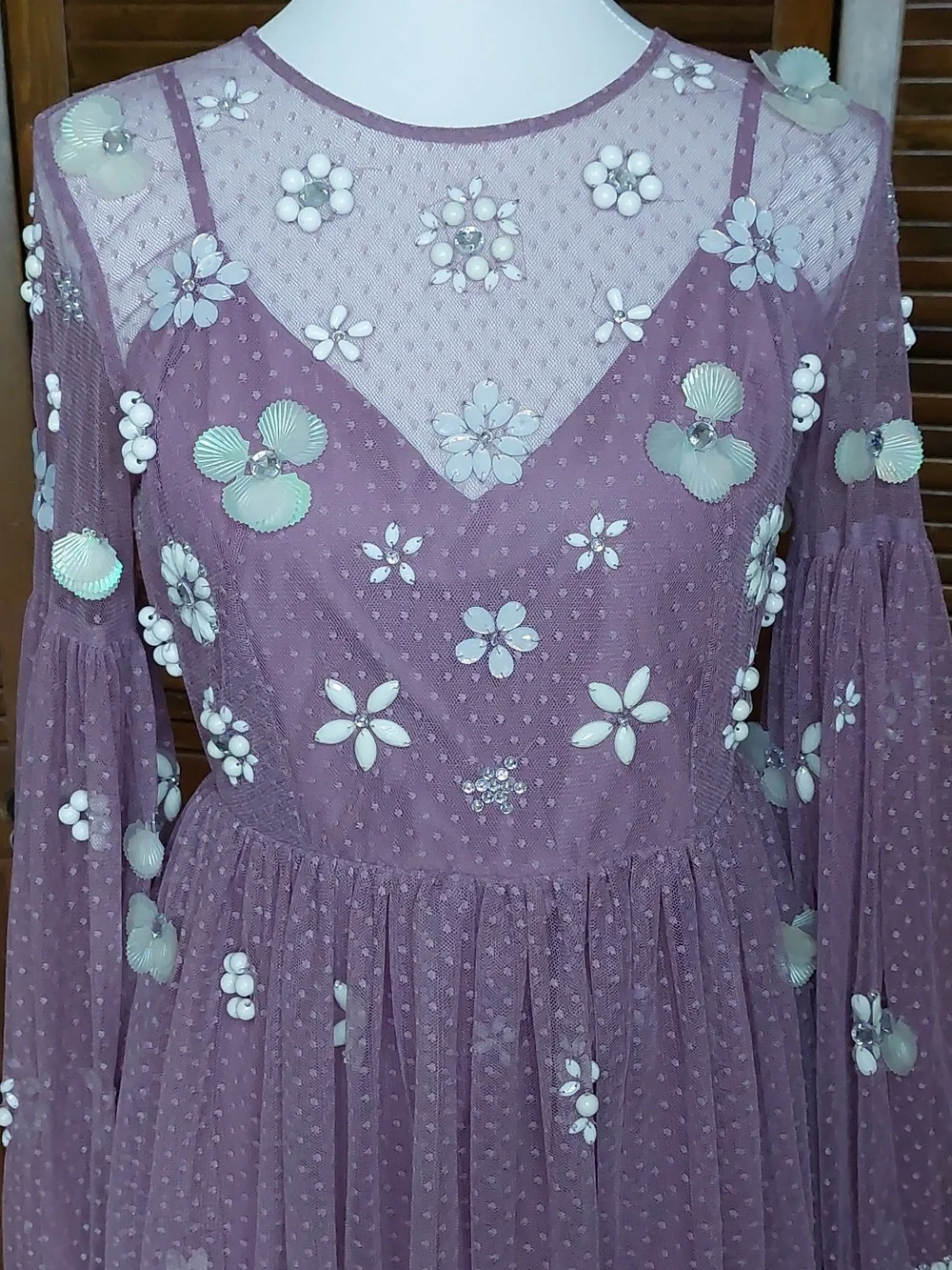 Asos Purple Floral Cluster Embellished Balloon Sleeve Mini Dress Sz 8 - Picture 7 of 15